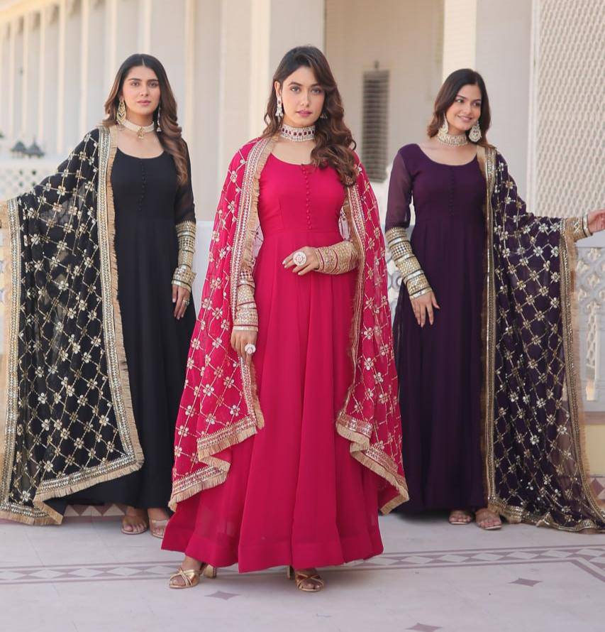 Intriguing Faux Georgette Sequins Embroidered Gown With Dupatta - INDIAN ELEGANCE