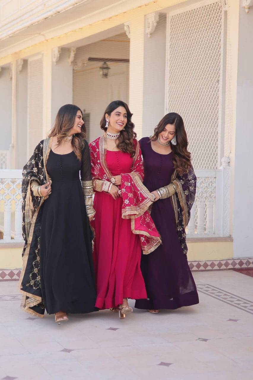 Intriguing Faux Georgette Sequins Embroidered Gown With Dupatta - INDIAN ELEGANCE