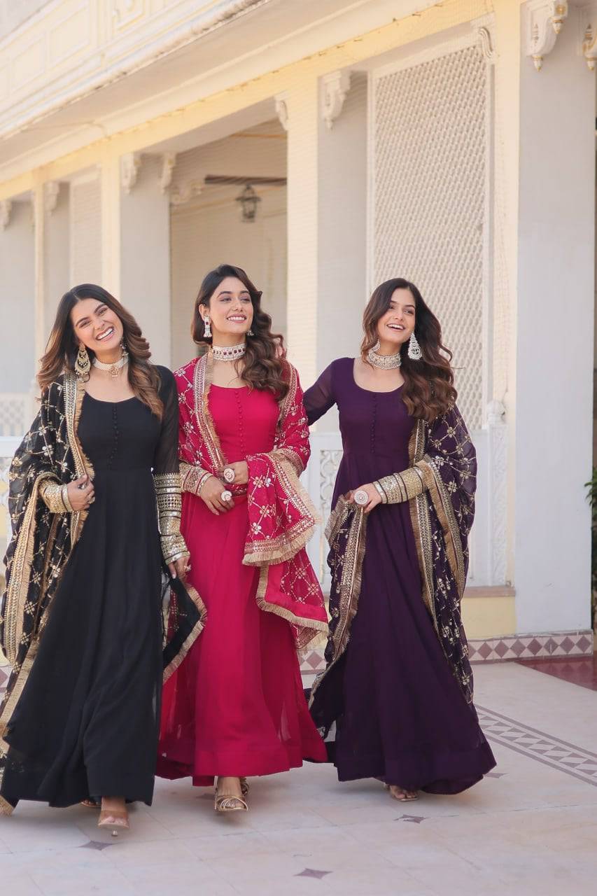 Intriguing Faux Georgette Sequins Embroidered Gown With Dupatta - INDIAN ELEGANCE