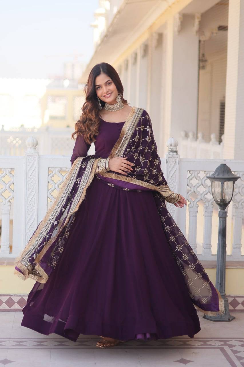 Intriguing Faux Georgette Sequins Embroidered Gown With Dupatta - INDIAN ELEGANCE