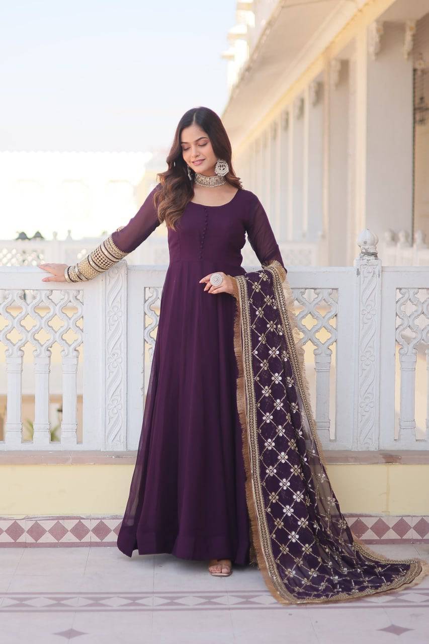 Intriguing Faux Georgette Sequins Embroidered Gown With Dupatta - INDIAN ELEGANCE