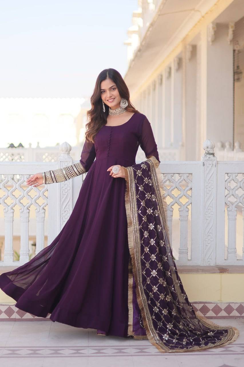 Intriguing Faux Georgette Sequins Embroidered Gown With Dupatta - INDIAN ELEGANCE