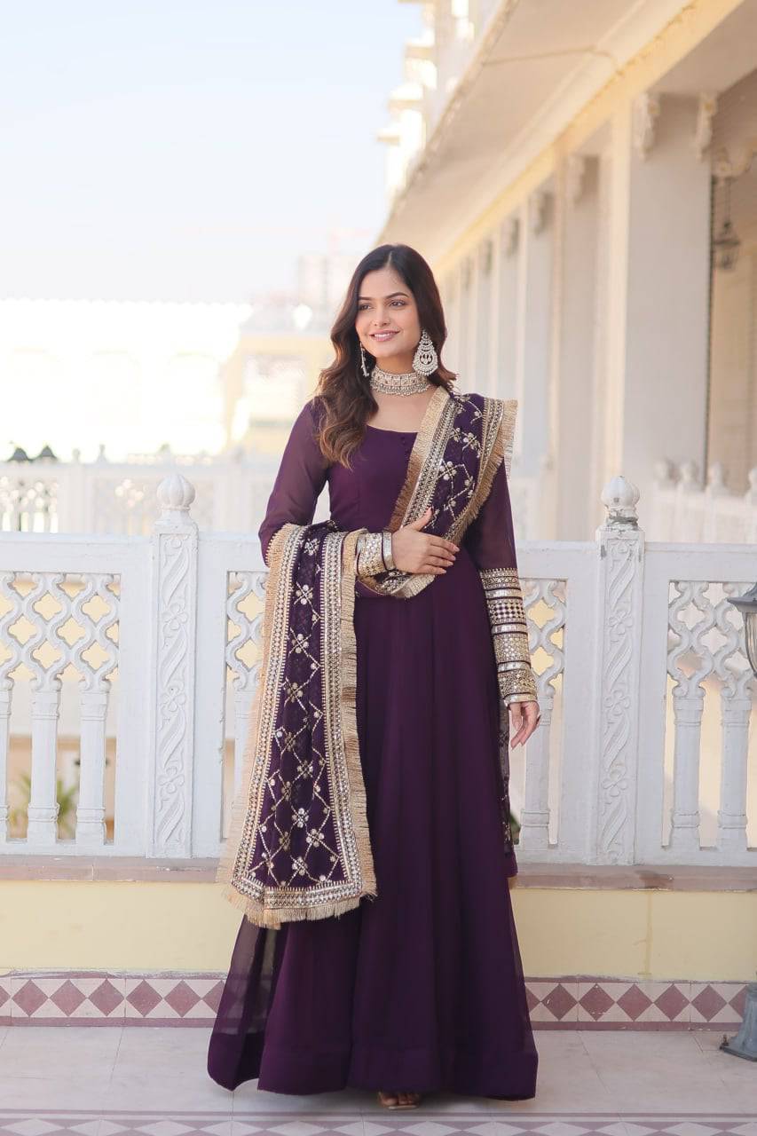 Intriguing Faux Georgette Sequins Embroidered Gown With Dupatta - INDIAN ELEGANCE