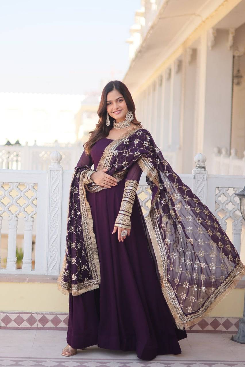 Intriguing Faux Georgette Sequins Embroidered Gown With Dupatta - INDIAN ELEGANCE