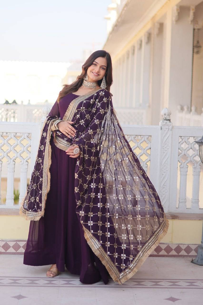 Intriguing Faux Georgette Sequins Embroidered Gown With Dupatta - INDIAN ELEGANCE