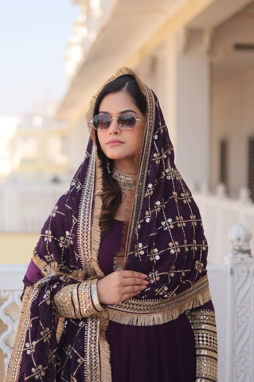 Intriguing Faux Georgette Sequins Embroidered Gown With Dupatta - INDIAN ELEGANCE