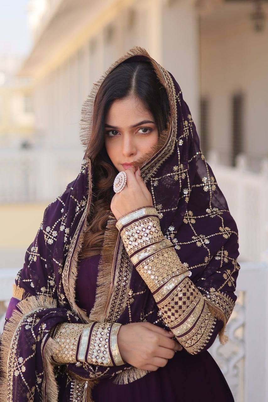 Intriguing Faux Georgette Sequins Embroidered Gown With Dupatta - INDIAN ELEGANCE