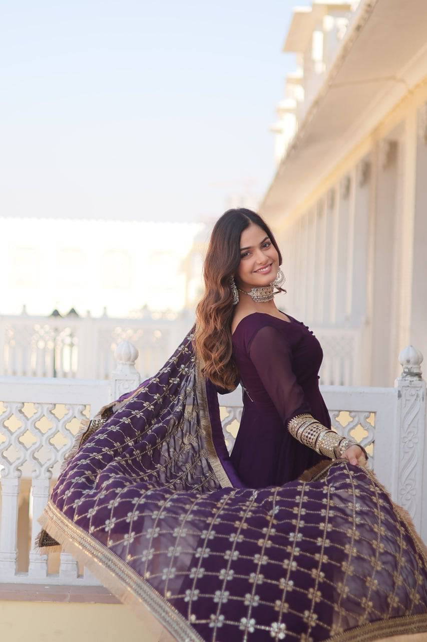 Intriguing Faux Georgette Sequins Embroidered Gown With Dupatta - INDIAN ELEGANCE