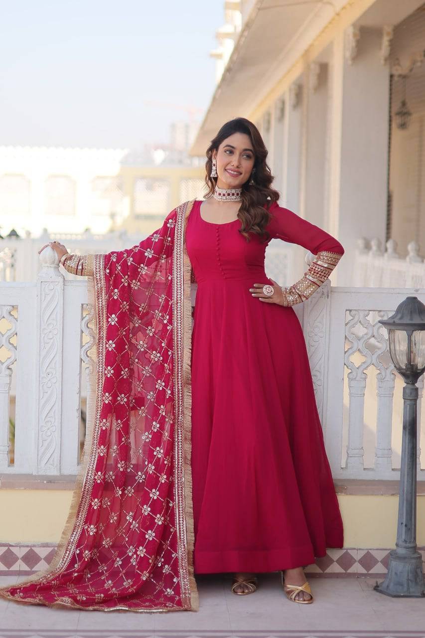 Intriguing Faux Georgette Sequins Embroidered Gown With Dupatta - INDIAN ELEGANCE
