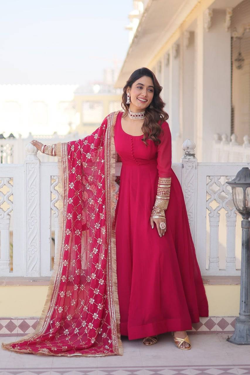 Intriguing Faux Georgette Sequins Embroidered Gown With Dupatta - INDIAN ELEGANCE