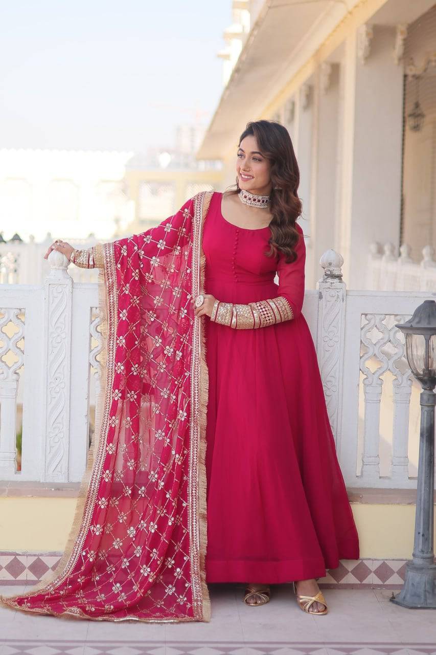 Intriguing Faux Georgette Sequins Embroidered Gown With Dupatta - INDIAN ELEGANCE