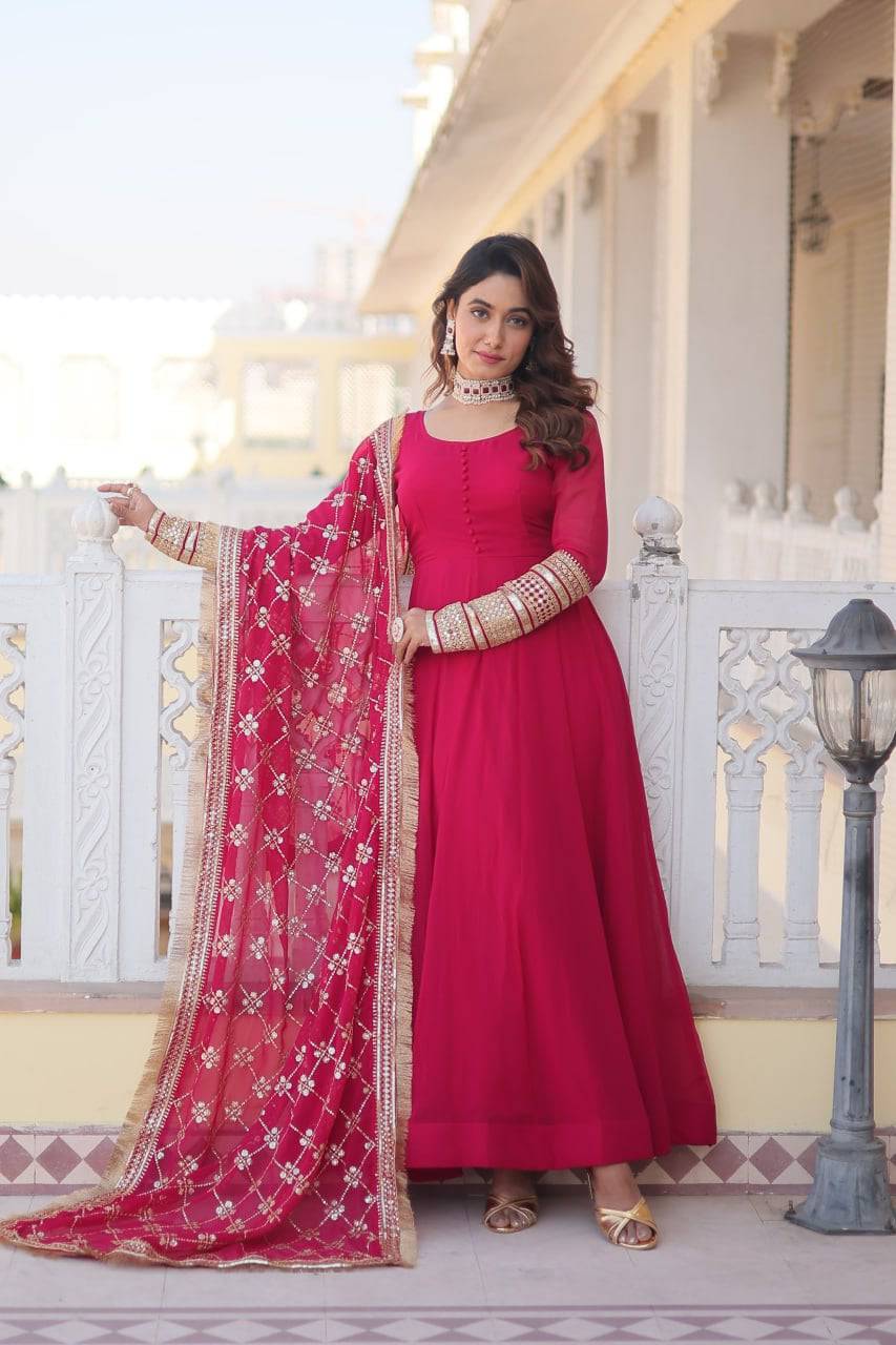 Intriguing Faux Georgette Sequins Embroidered Gown With Dupatta - INDIAN ELEGANCE