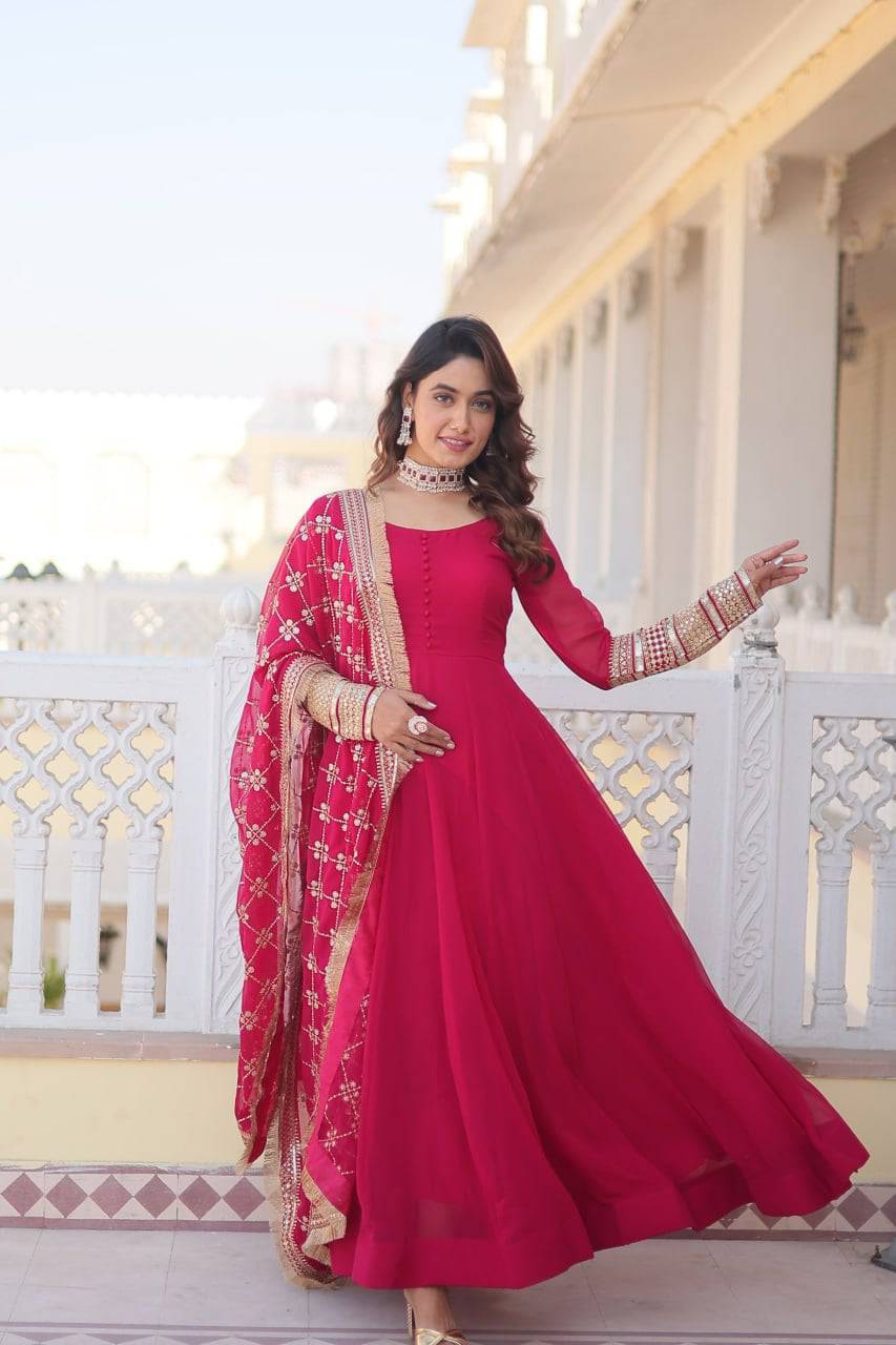 Intriguing Faux Georgette Sequins Embroidered Gown With Dupatta - INDIAN ELEGANCE