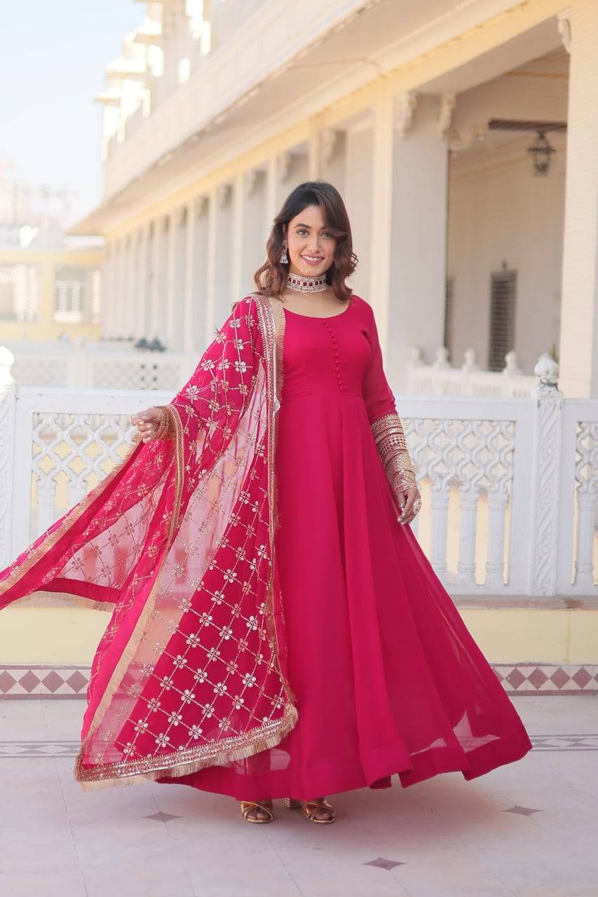 Intriguing Faux Georgette Sequins Embroidered Gown With Dupatta - INDIAN ELEGANCE