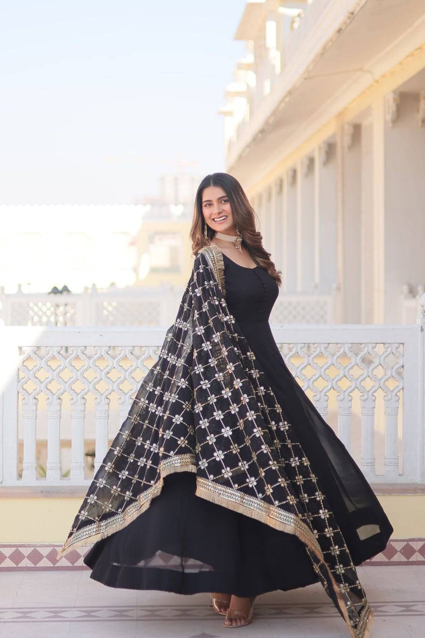 Intriguing Faux Georgette Sequins Embroidered Gown With Dupatta - INDIAN ELEGANCE