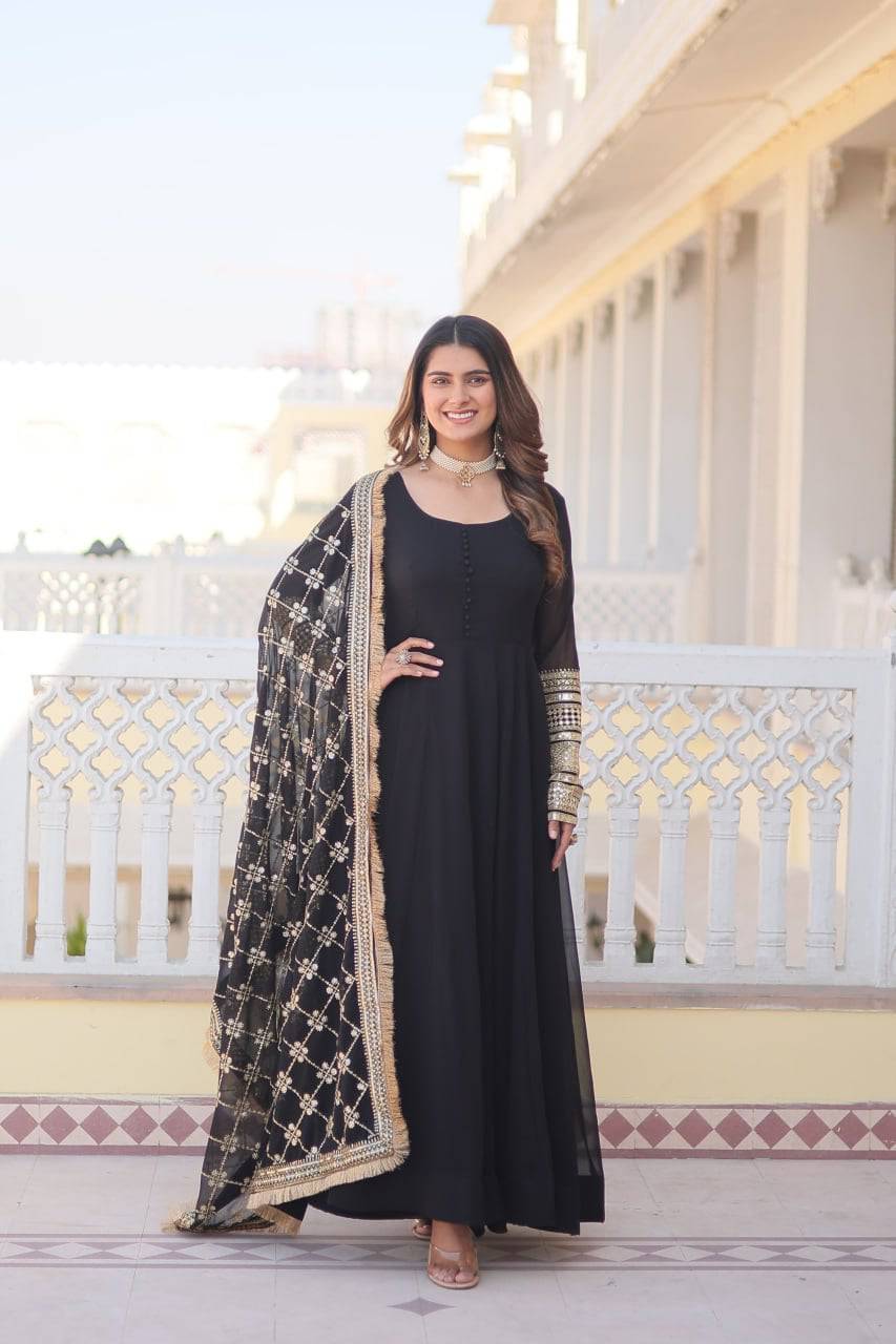 Intriguing Faux Georgette Sequins Embroidered Gown With Dupatta - INDIAN ELEGANCE