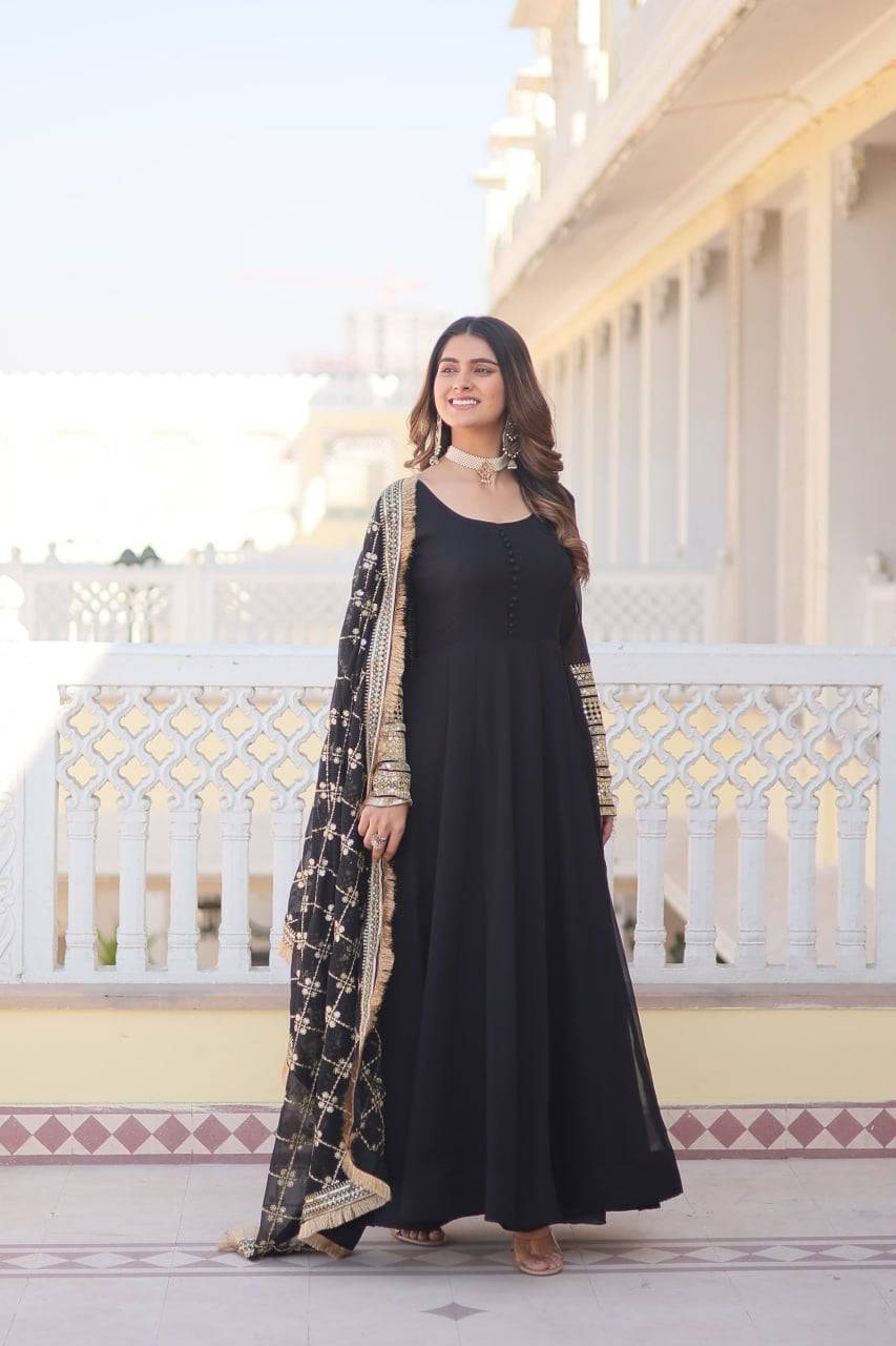 Intriguing Faux Georgette Sequins Embroidered Gown With Dupatta - INDIAN ELEGANCE