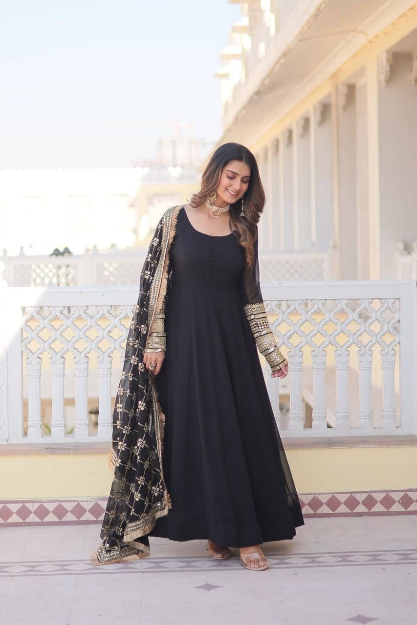 Intriguing Faux Georgette Sequins Embroidered Gown With Dupatta - INDIAN ELEGANCE