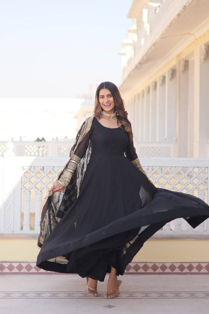 Intriguing Faux Georgette Sequins Embroidered Gown With Dupatta - INDIAN ELEGANCE
