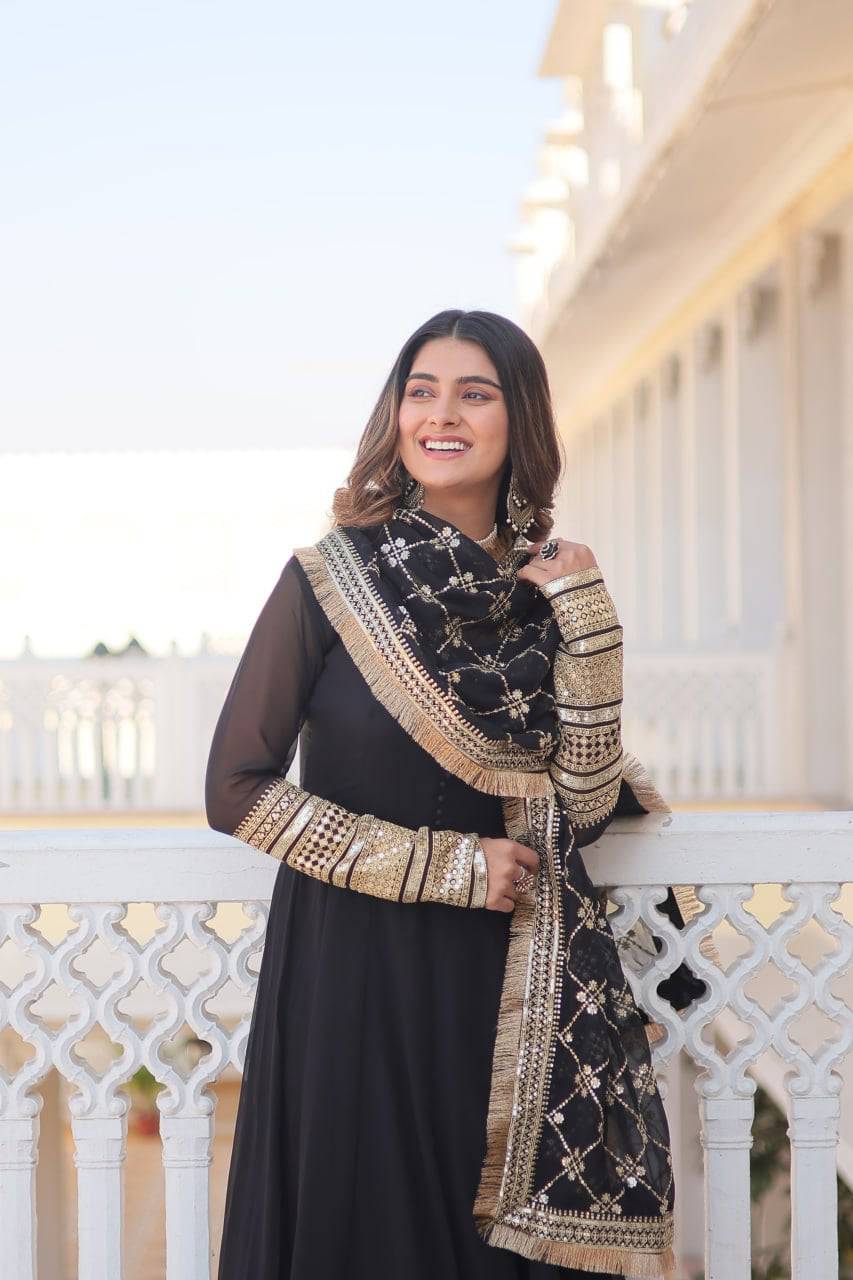 Intriguing Faux Georgette Sequins Embroidered Gown With Dupatta - INDIAN ELEGANCE