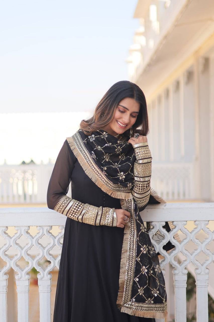 Intriguing Faux Georgette Sequins Embroidered Gown With Dupatta - INDIAN ELEGANCE