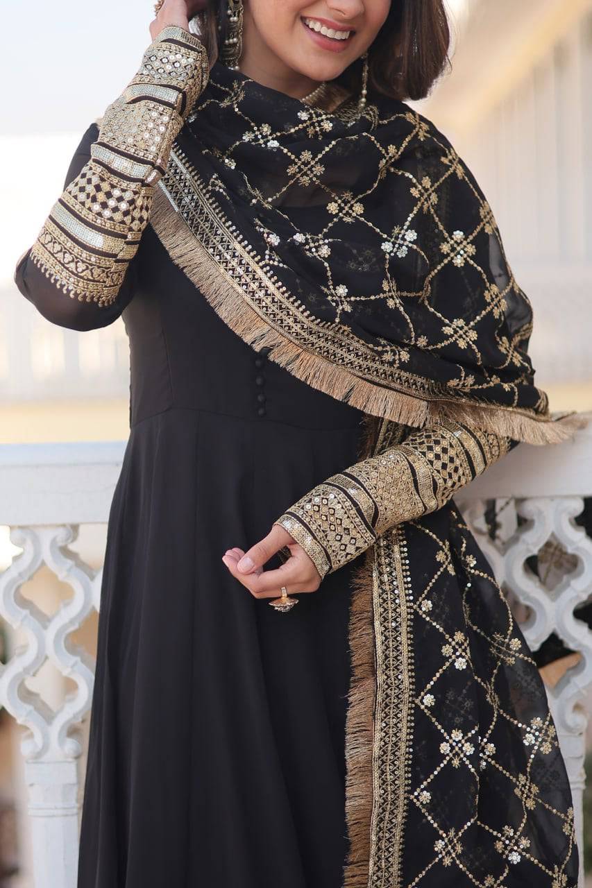 Intriguing Faux Georgette Sequins Embroidered Gown With Dupatta - INDIAN ELEGANCE