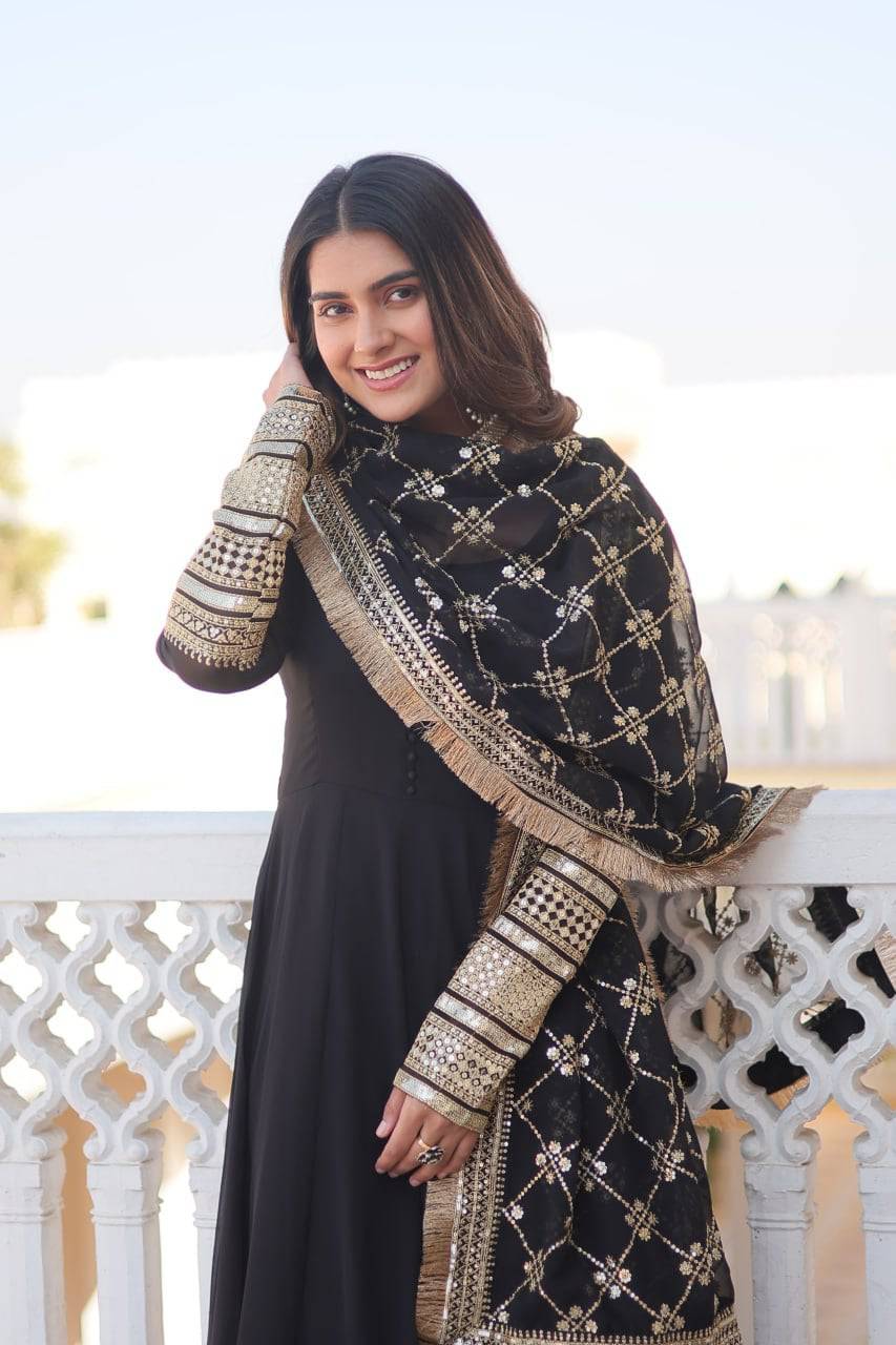 Intriguing Faux Georgette Sequins Embroidered Gown With Dupatta - INDIAN ELEGANCE