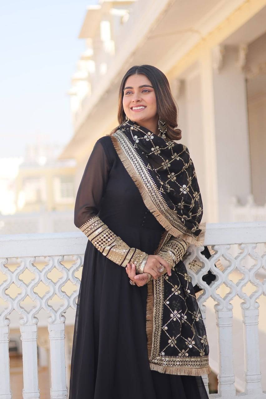 Intriguing Faux Georgette Sequins Embroidered Gown With Dupatta - INDIAN ELEGANCE