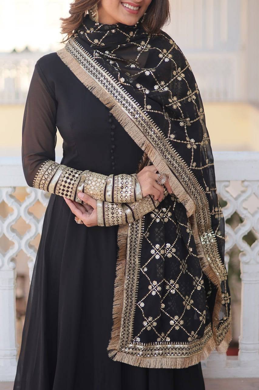Intriguing Faux Georgette Sequins Embroidered Gown With Dupatta - INDIAN ELEGANCE