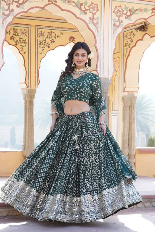 Compelling Viscous Jacquard Sequins Embroidered Lehenga Set - INDIAN ELEGANCE