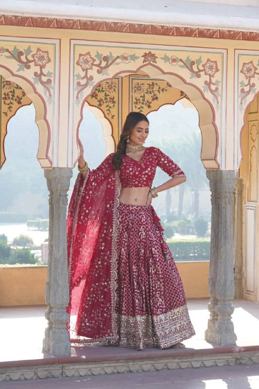 Compelling Viscous Jacquard Sequins Embroidered Lehenga Set - INDIAN ELEGANCE