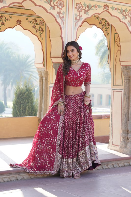 Compelling Viscous Jacquard Sequins Embroidered Lehenga Set - INDIAN ELEGANCE