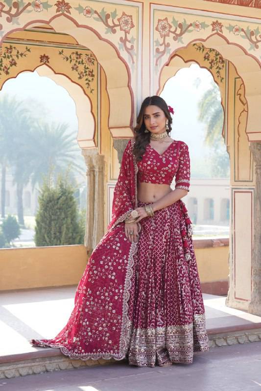 Compelling Viscous Jacquard Sequins Embroidered Lehenga Set - INDIAN ELEGANCE