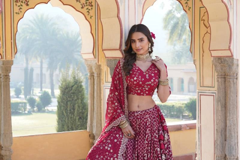 Compelling Viscous Jacquard Sequins Embroidered Lehenga Set - INDIAN ELEGANCE
