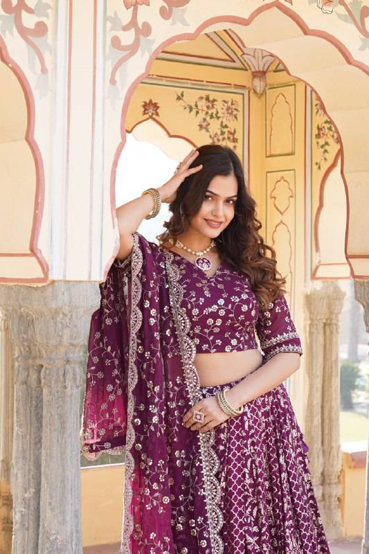 Compelling Viscous Jacquard Sequins Embroidered Lehenga Set - INDIAN ELEGANCE