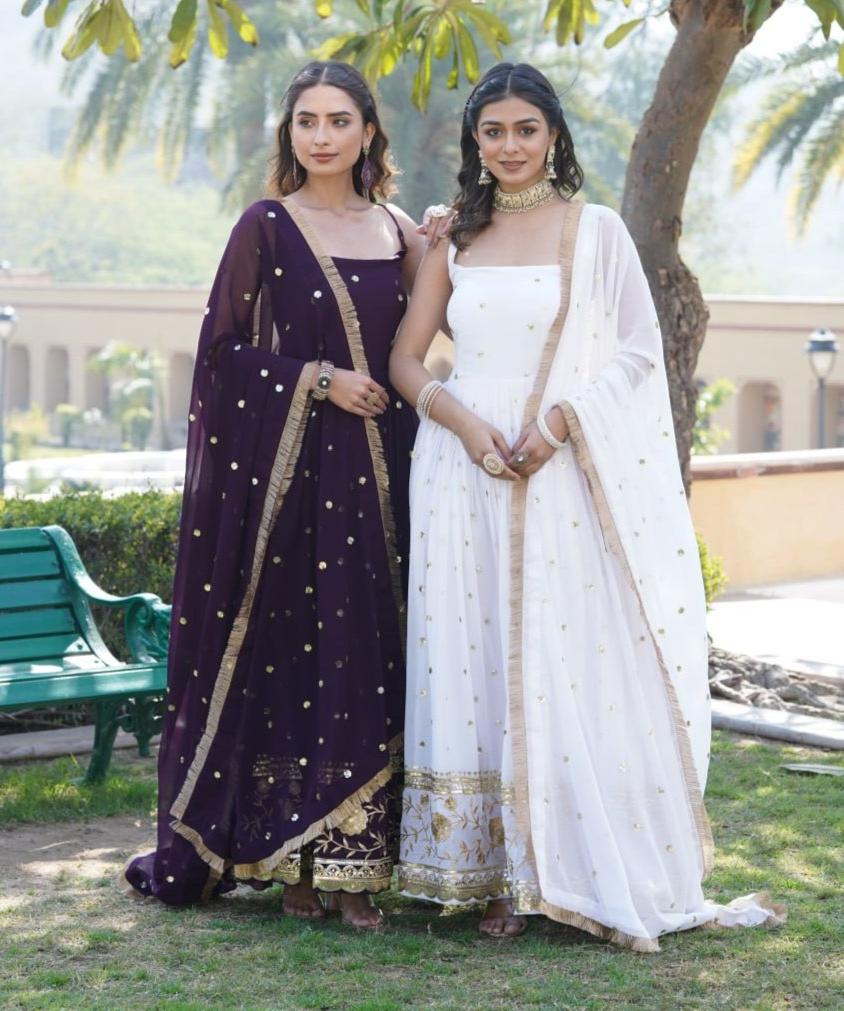 Lovely Faux Georgette Sequins Embroidered Gown With Dupatta - INDIAN ELEGANCE
