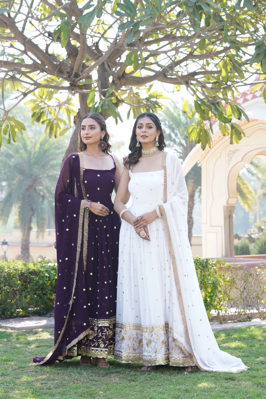 Lovely Faux Georgette Sequins Embroidered Gown With Dupatta - INDIAN ELEGANCE