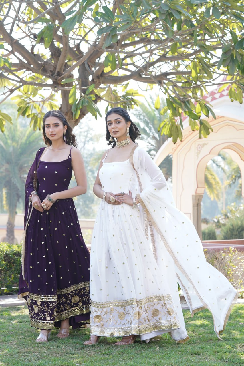 Lovely Faux Georgette Sequins Embroidered Gown With Dupatta - INDIAN ELEGANCE