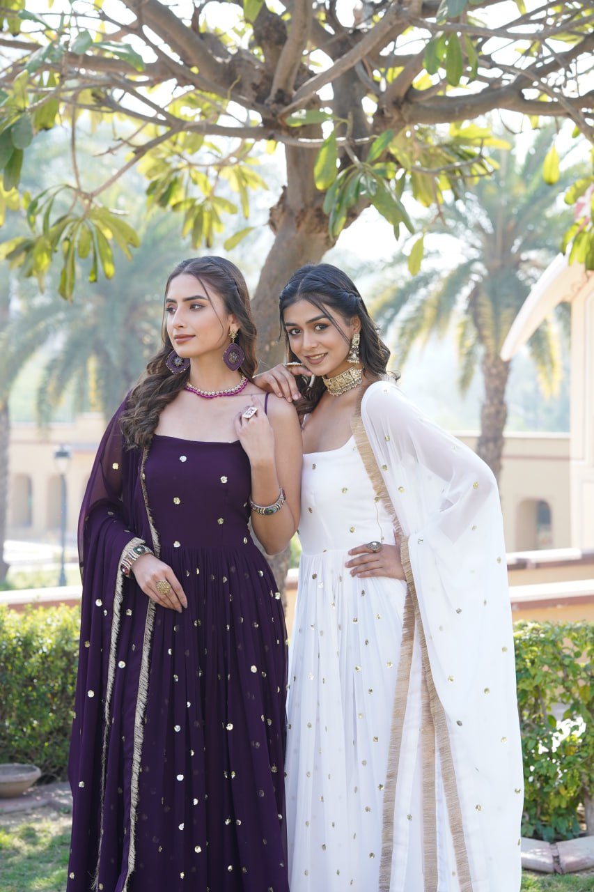 Lovely Faux Georgette Sequins Embroidered Gown With Dupatta - INDIAN ELEGANCE