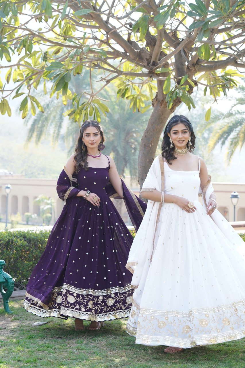 Lovely Faux Georgette Sequins Embroidered Gown With Dupatta - INDIAN ELEGANCE