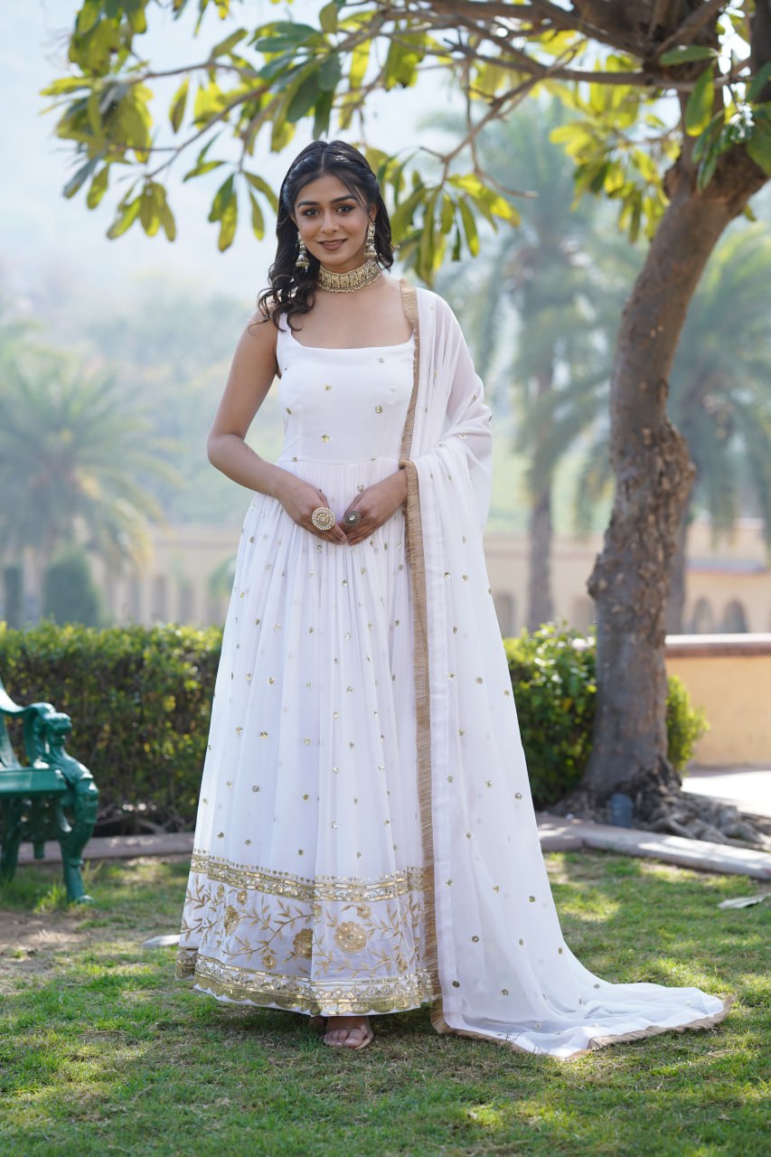 Lovely Faux Georgette Sequins Embroidered Gown With Dupatta - INDIAN ELEGANCE
