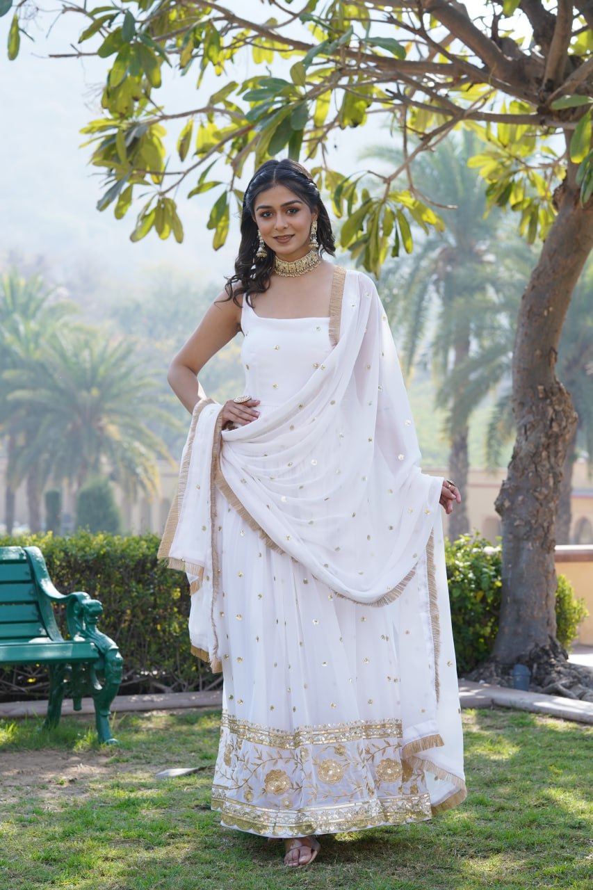 Lovely Faux Georgette Sequins Embroidered Gown With Dupatta - INDIAN ELEGANCE