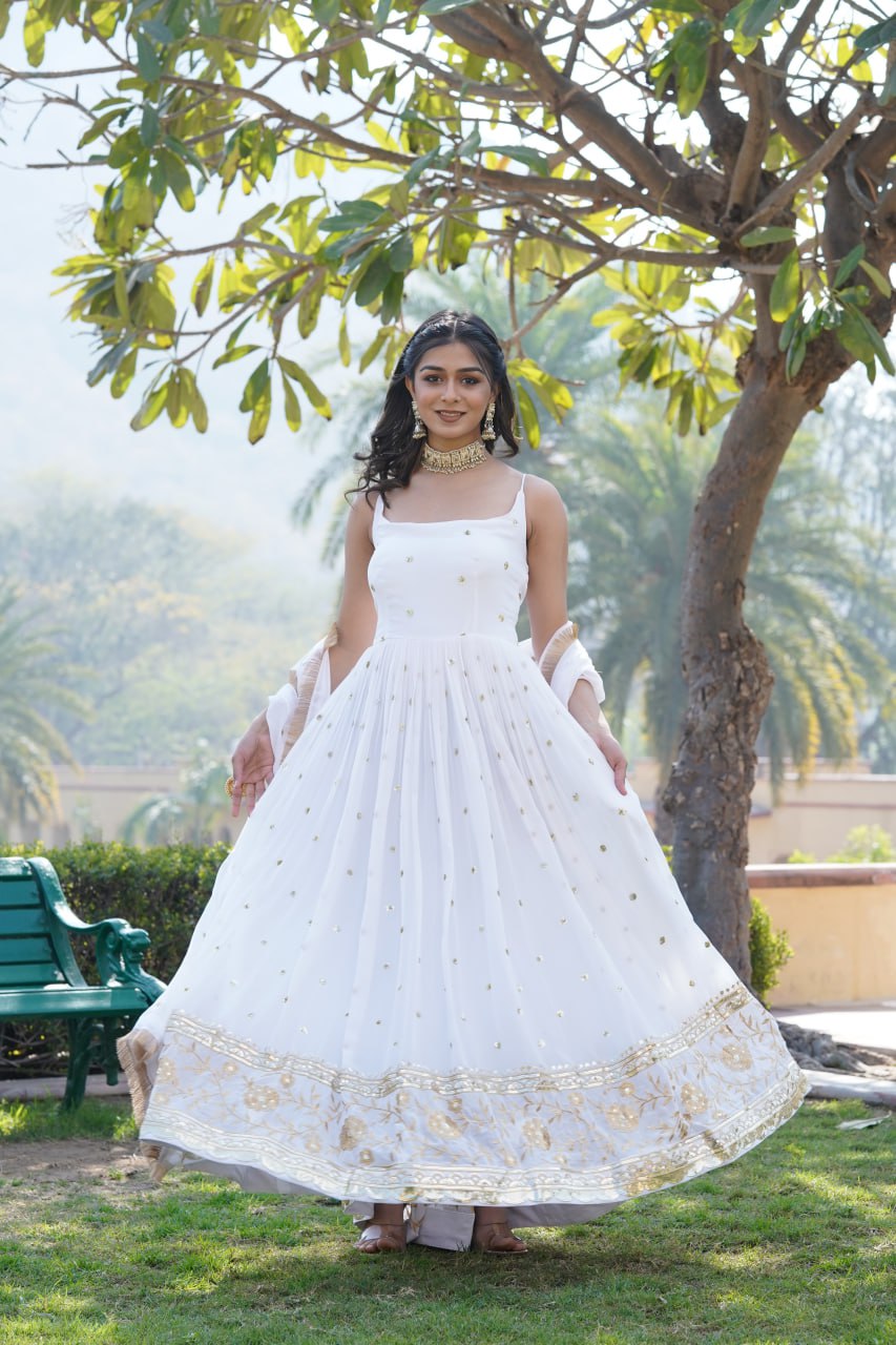 Lovely Faux Georgette Sequins Embroidered Gown With Dupatta - INDIAN ELEGANCE