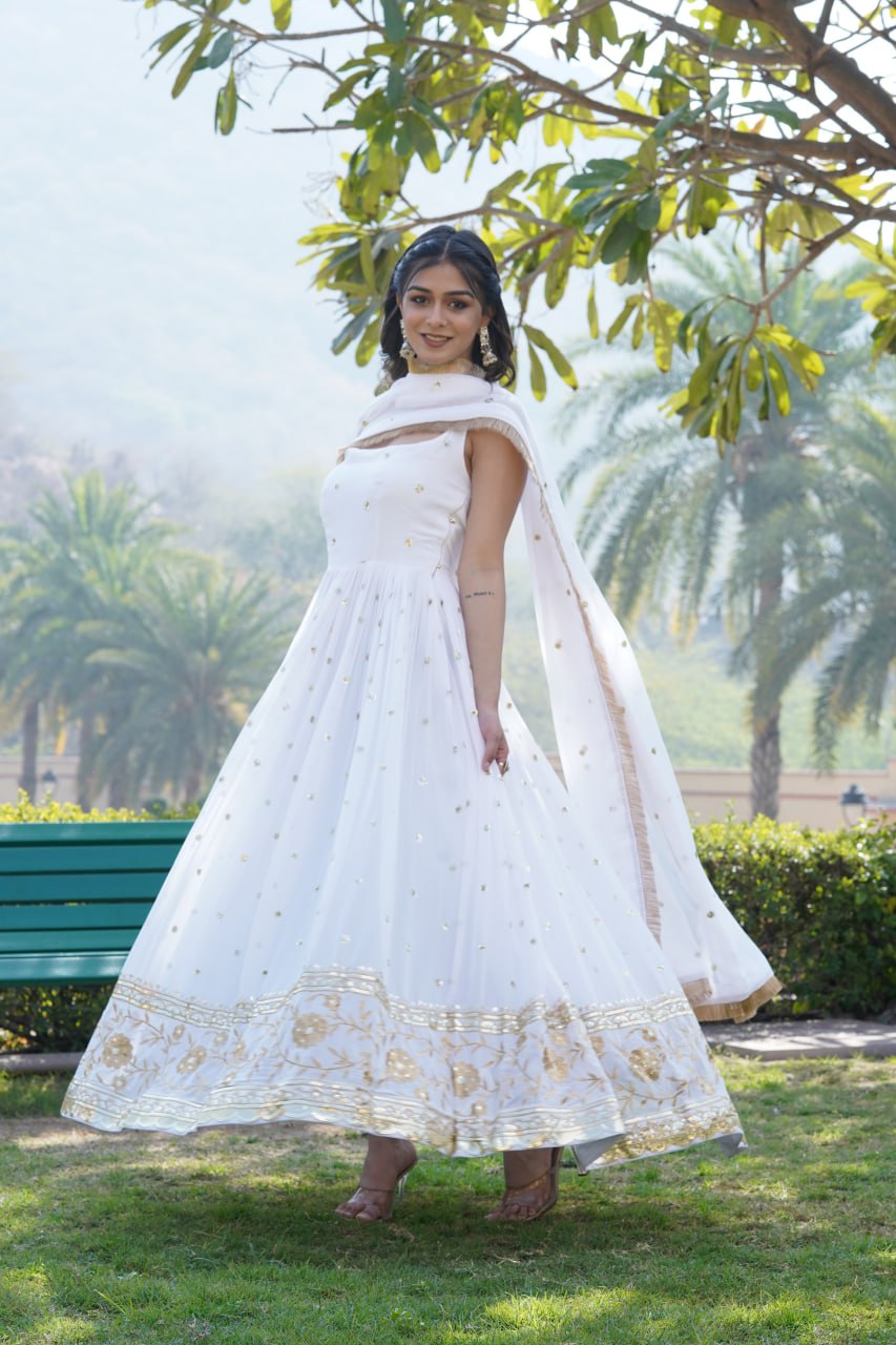 Lovely Faux Georgette Sequins Embroidered Gown With Dupatta - INDIAN ELEGANCE