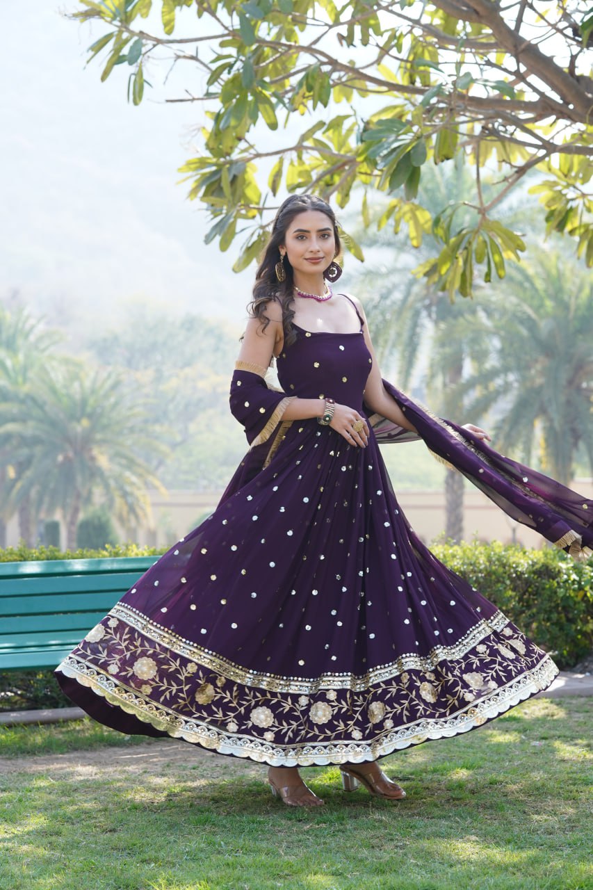 Lovely Faux Georgette Sequins Embroidered Gown With Dupatta - INDIAN ELEGANCE