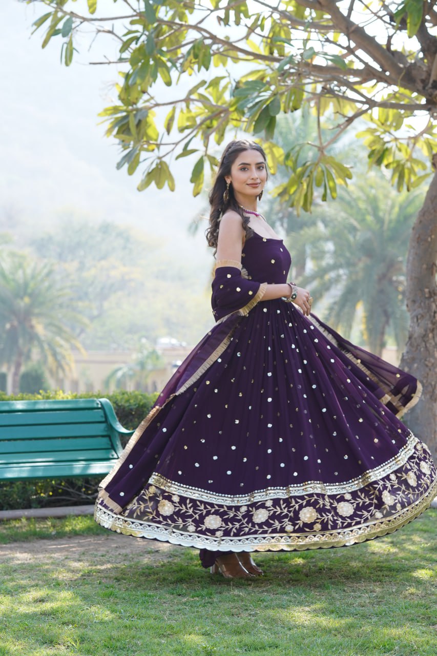 Lovely Faux Georgette Sequins Embroidered Gown With Dupatta - INDIAN ELEGANCE