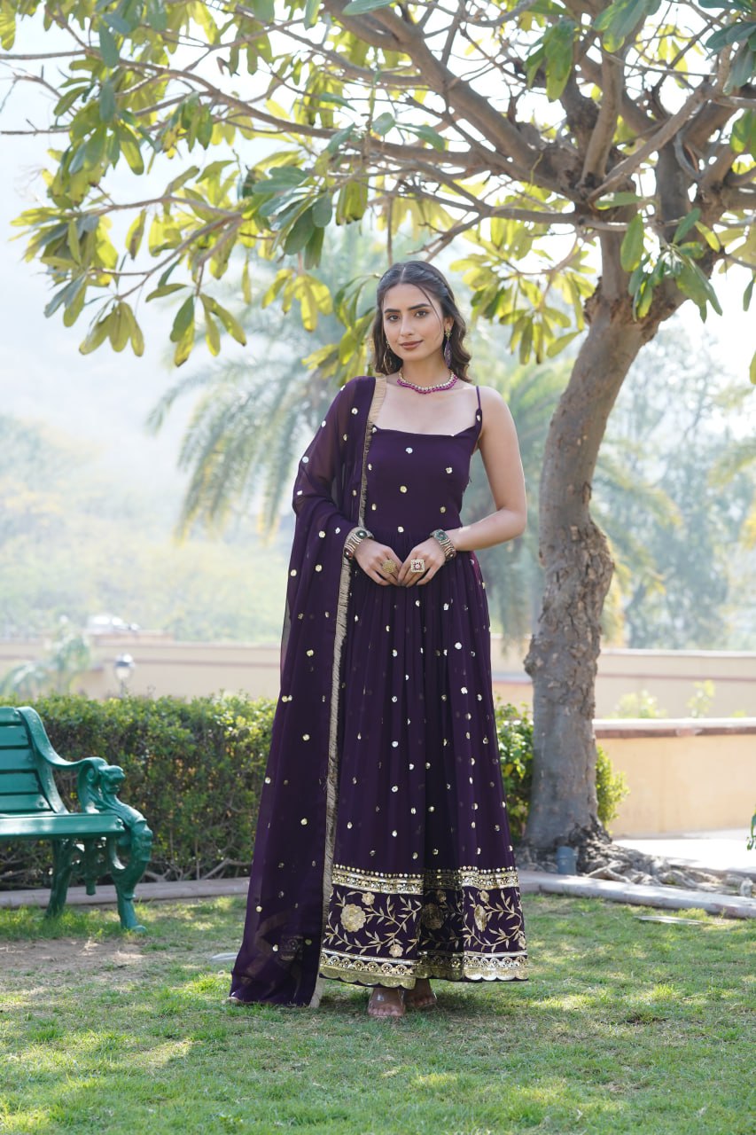 Lovely Faux Georgette Sequins Embroidered Gown With Dupatta - INDIAN ELEGANCE