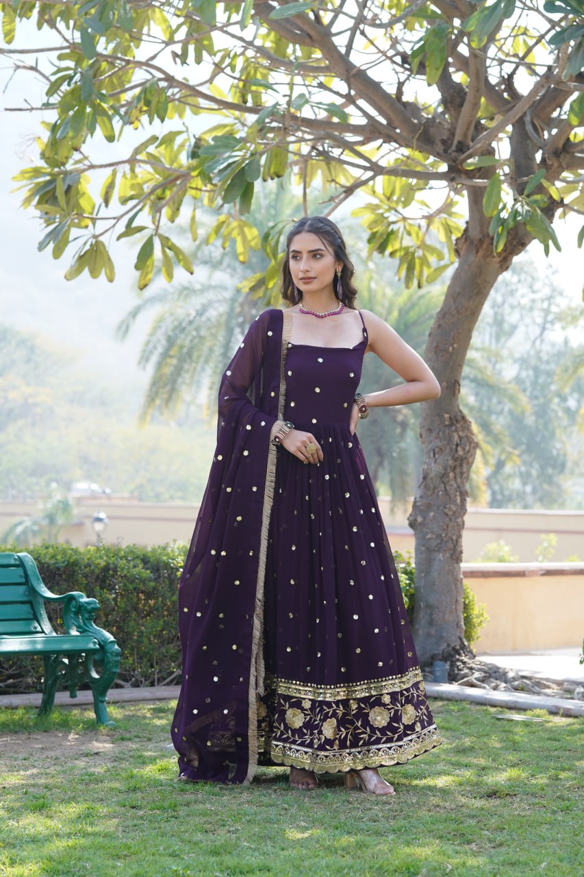 Lovely Faux Georgette Sequins Embroidered Gown With Dupatta - INDIAN ELEGANCE