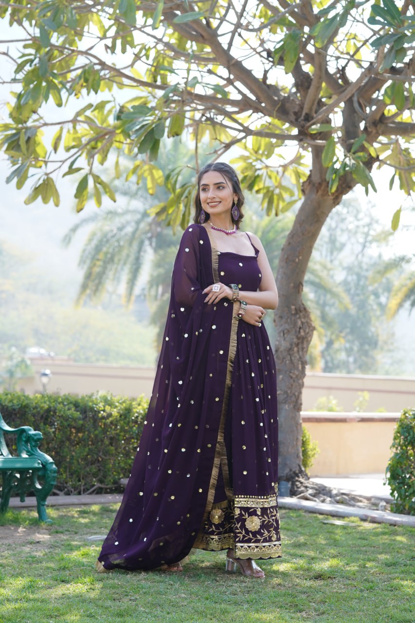 Lovely Faux Georgette Sequins Embroidered Gown With Dupatta - INDIAN ELEGANCE