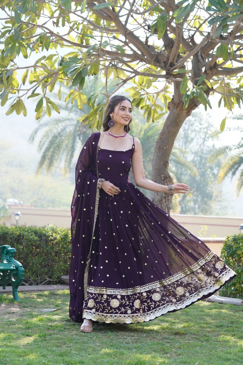 Lovely Faux Georgette Sequins Embroidered Gown With Dupatta - INDIAN ELEGANCE